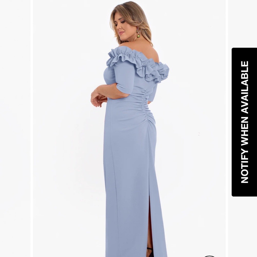 XSCAPE Plus Isla Long Crepe Off The Shoulder Ruffle Dress Blue 16W Formal NWT